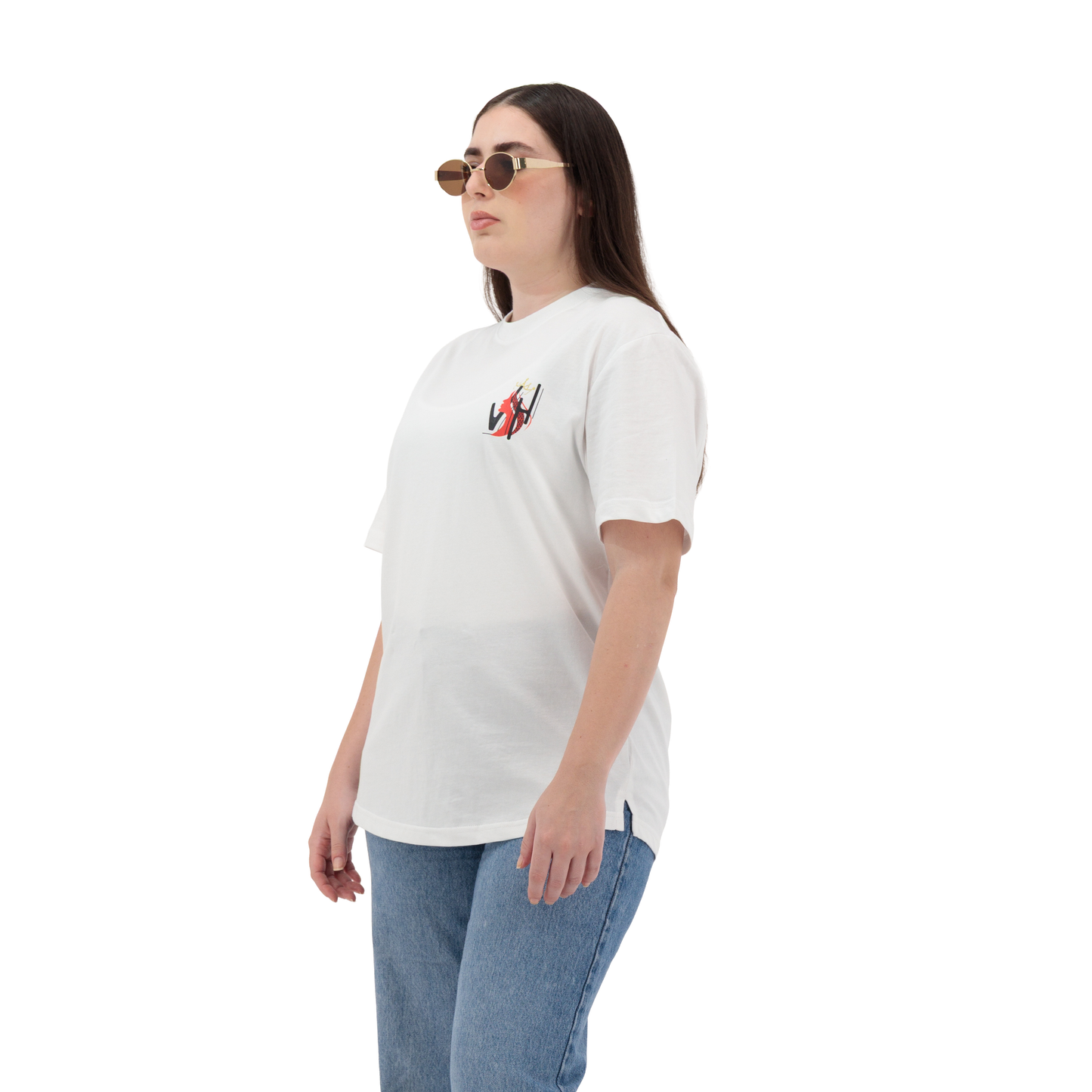 Comfortable women’s oversized white cotton t-shirt, half sleeve crew neck with graphic logo on front