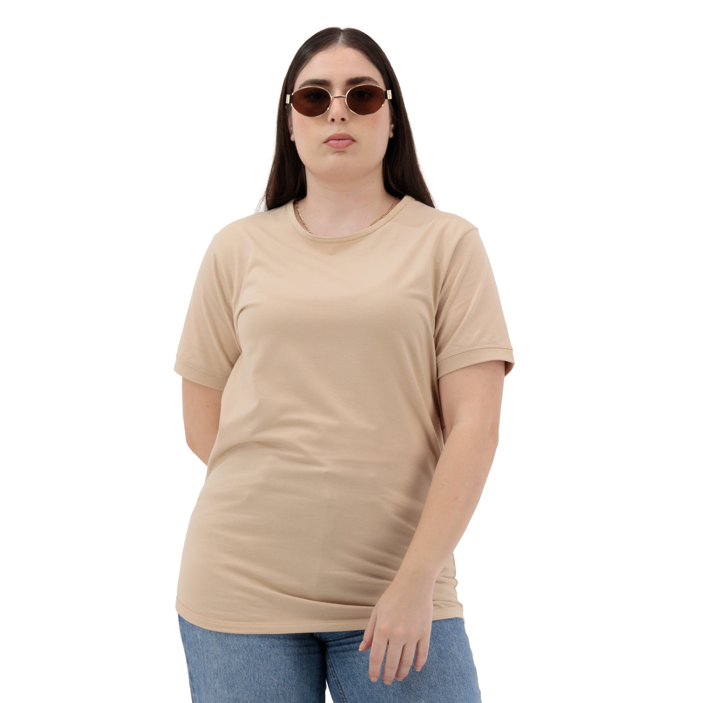 Basic Sandstone Cotton T Shirt for Women - Crew Neck, Short Sleeve