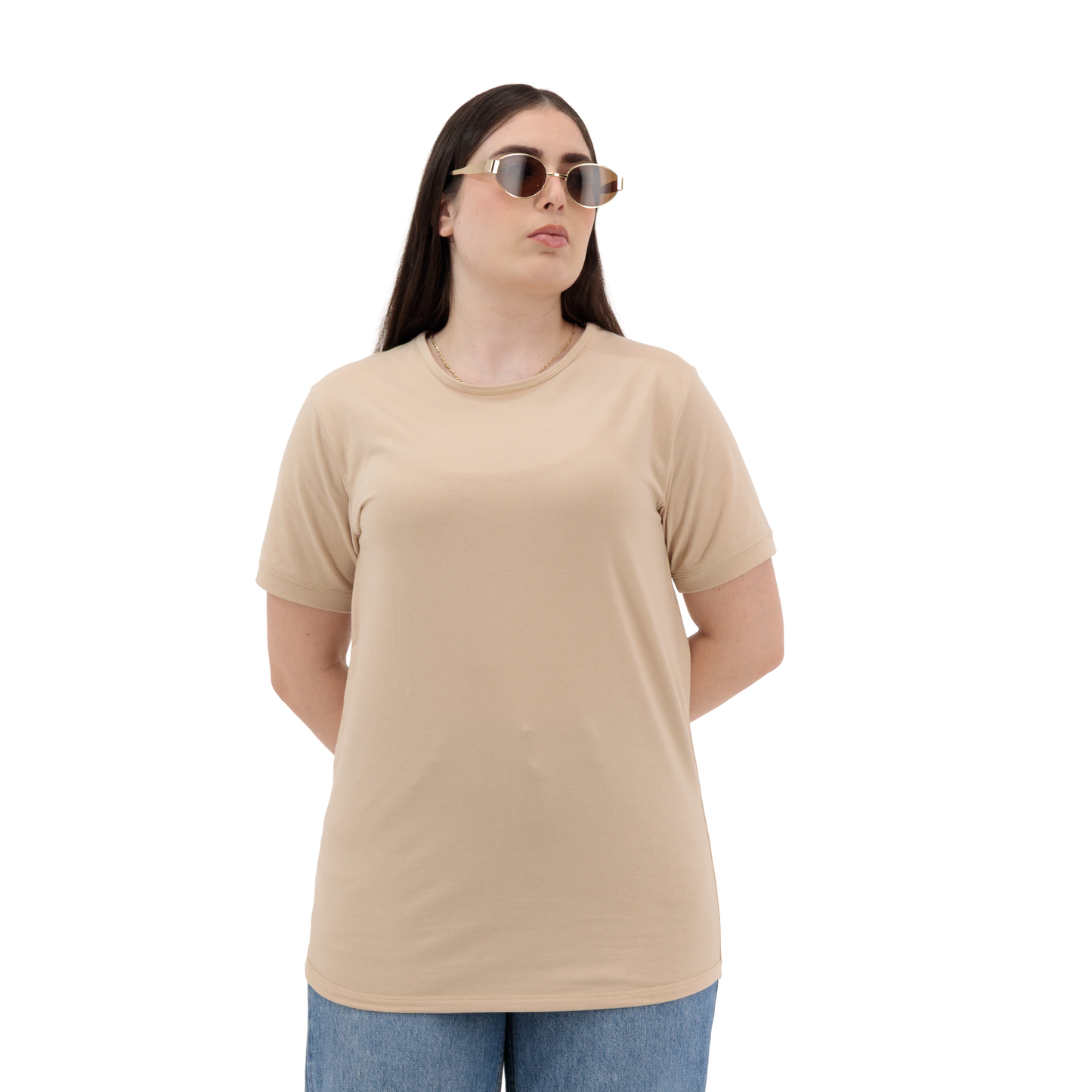 Basic Sandstone Cotton T Shirt for Women - Crew Neck, Short Sleeve