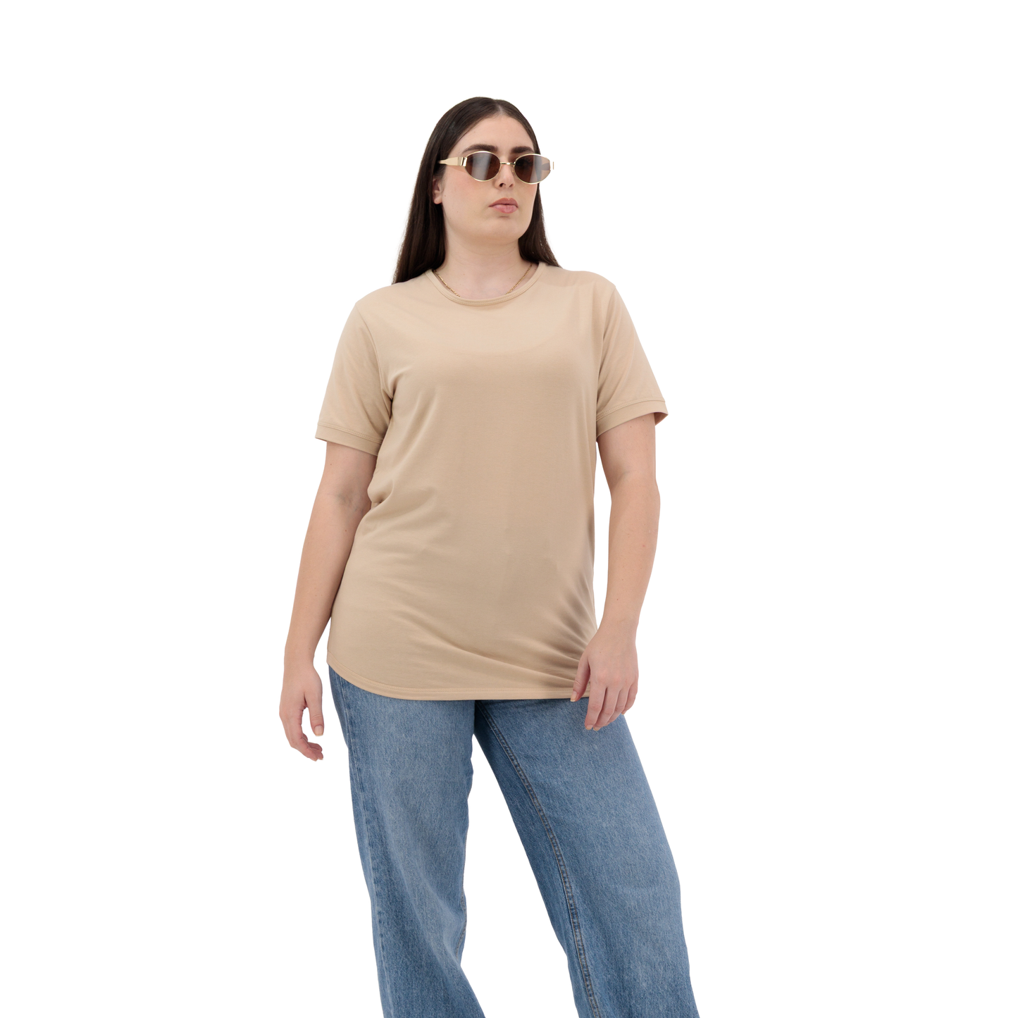 Basic Sandstone Cotton T Shirt for Women - Crew Neck, Short Sleeve
