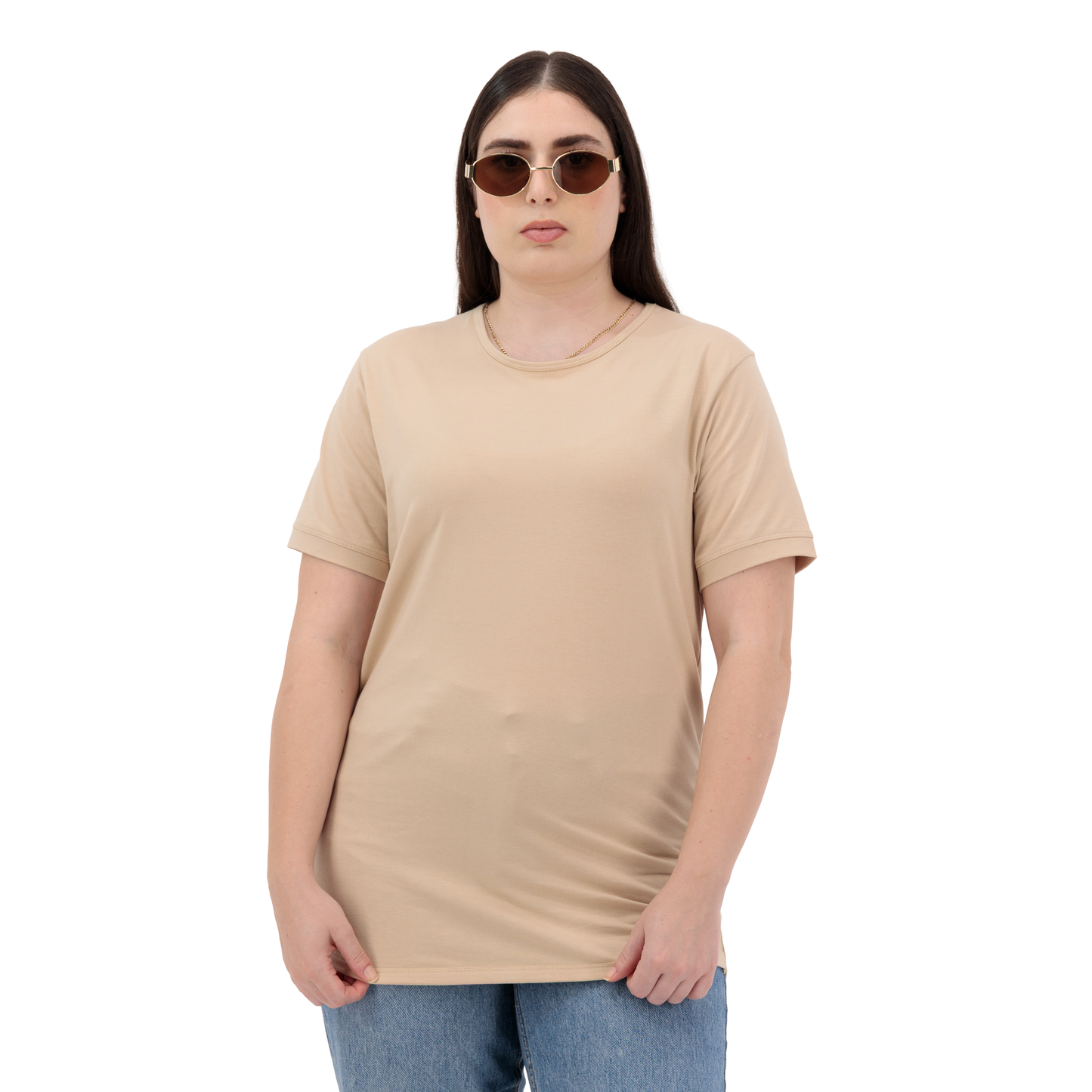 Basic Sandstone Cotton T Shirt for Women - Crew Neck, Short Sleeve