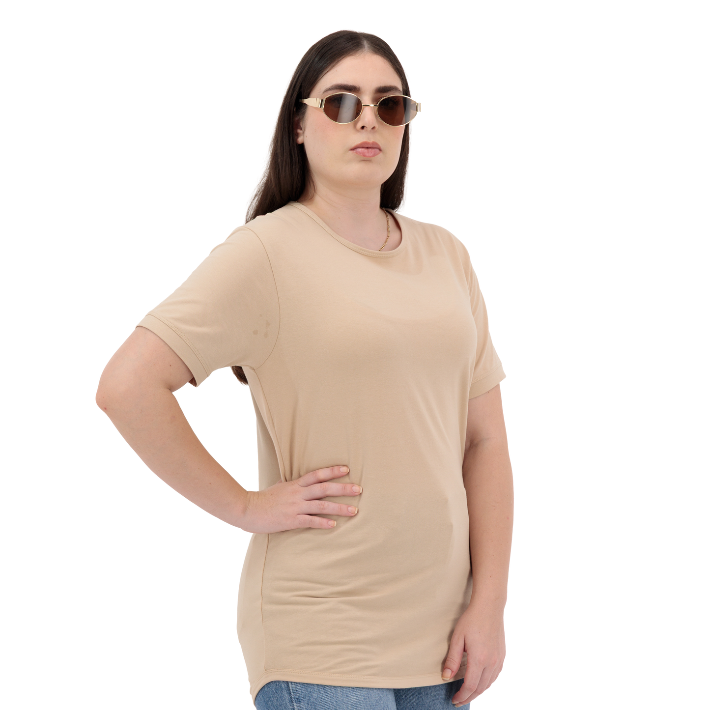 Basic Sandstone Cotton T Shirt for Women - Crew Neck, Short Sleeve