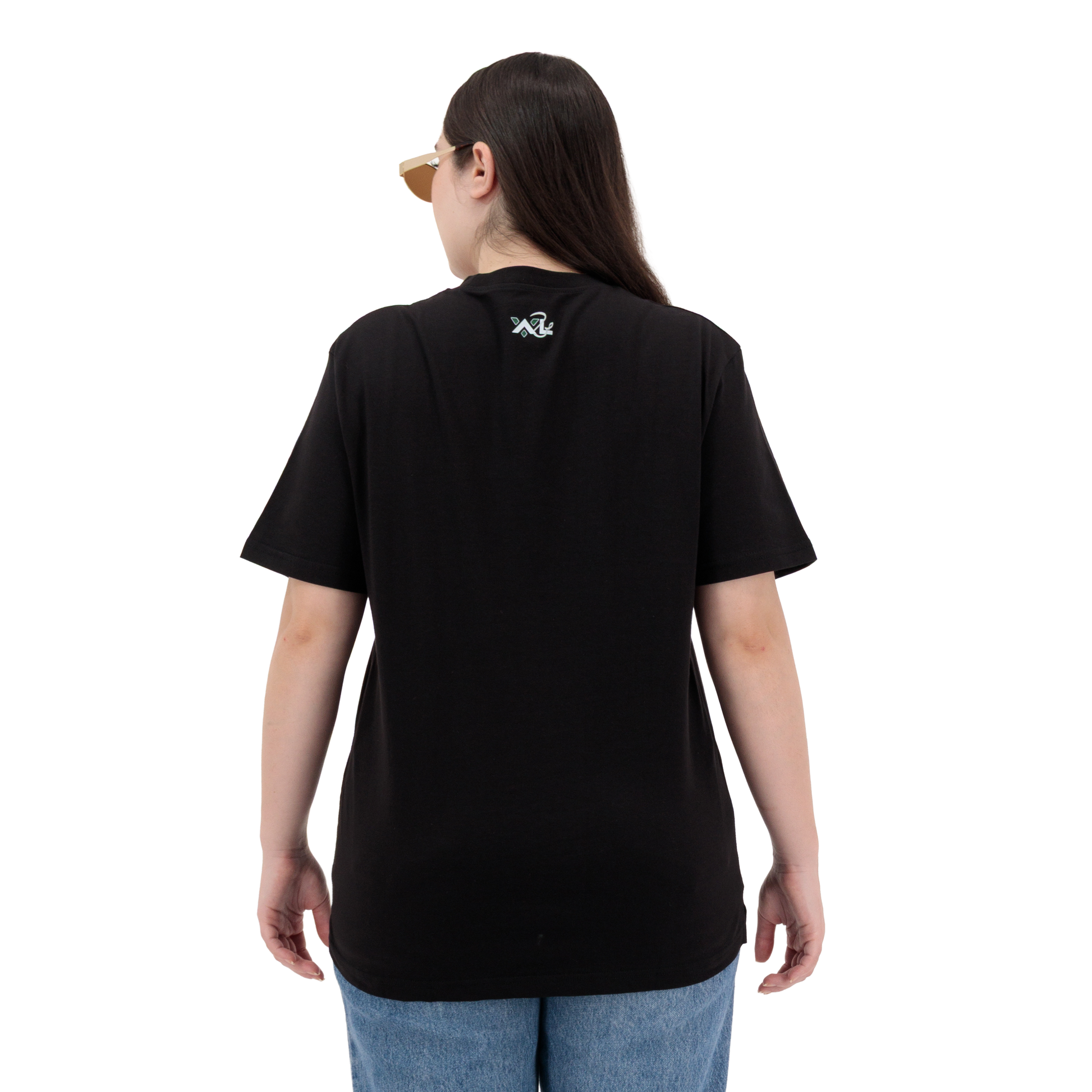 Oversized women’s graphic tee shirt in black cotton, featuring a relaxed crew neck, half sleeves, and double-sided logo print.
