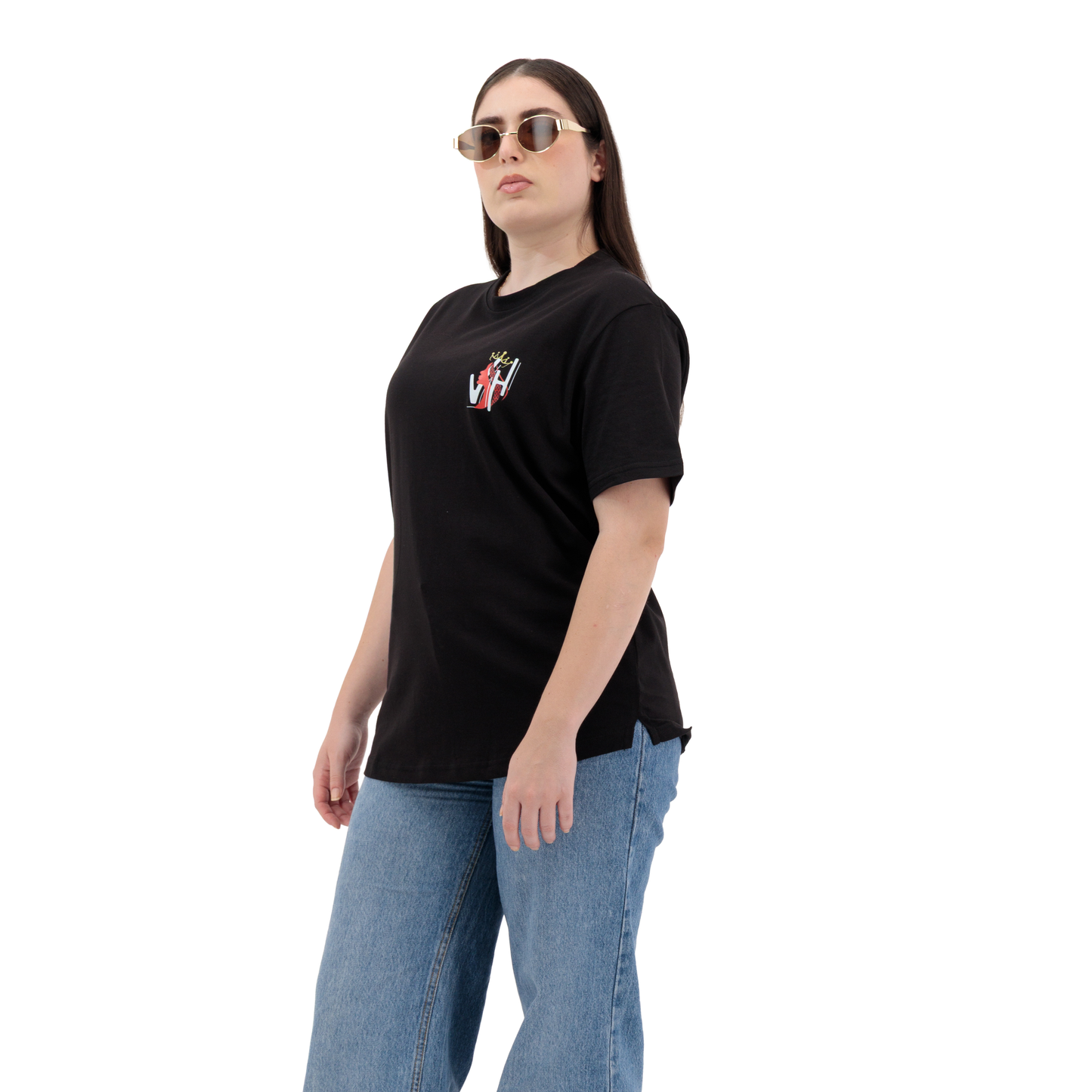 Oversized women’s graphic tee shirt in black cotton, featuring a relaxed crew neck, half sleeves, and double-sided logo print.
