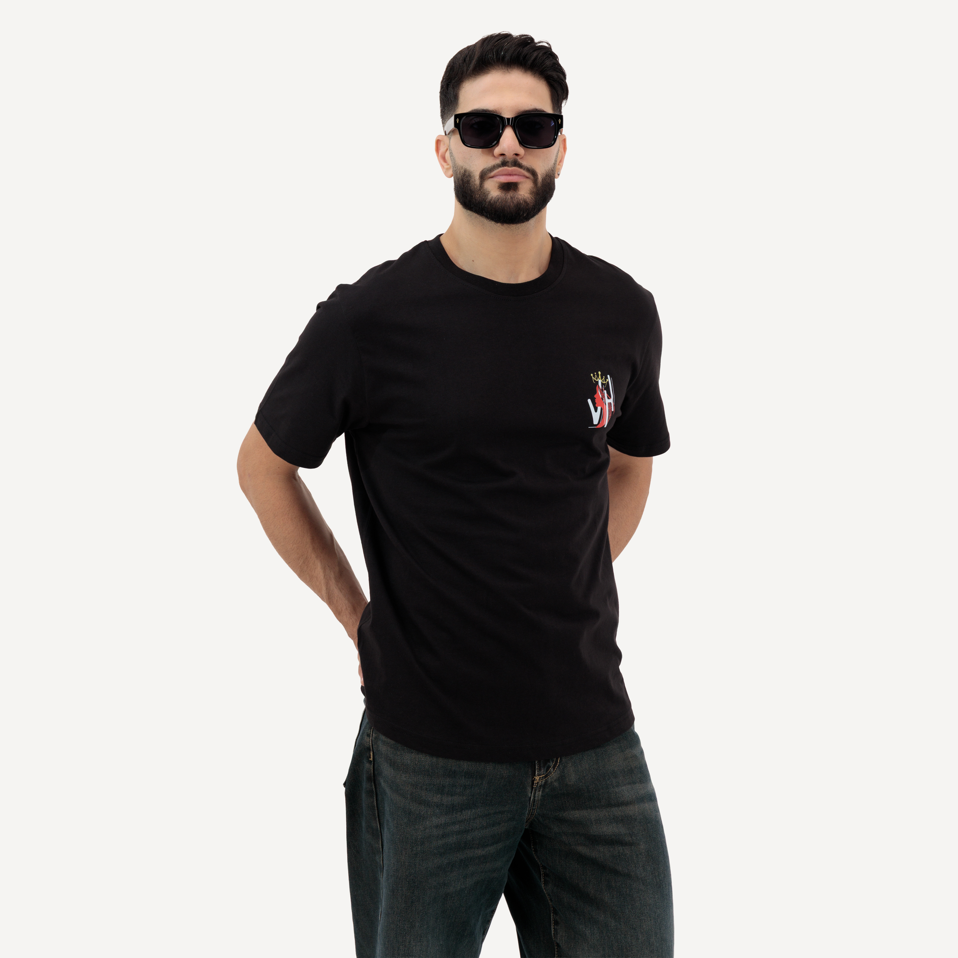 Men’s black printed tee with small minimalist front graphic