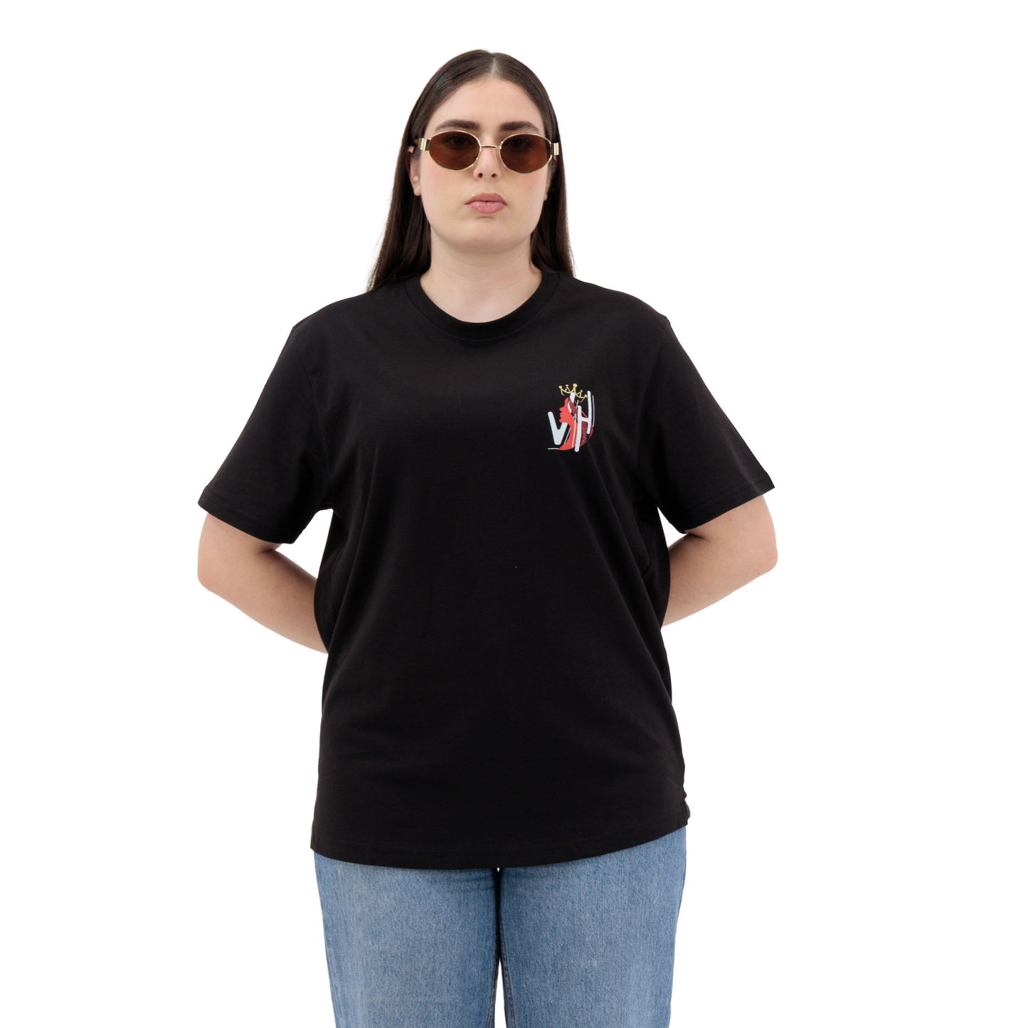 Women’s graphic tee shirt in black, oversized cotton crew neck t-shirt with half sleeves and bold front & back logo design.