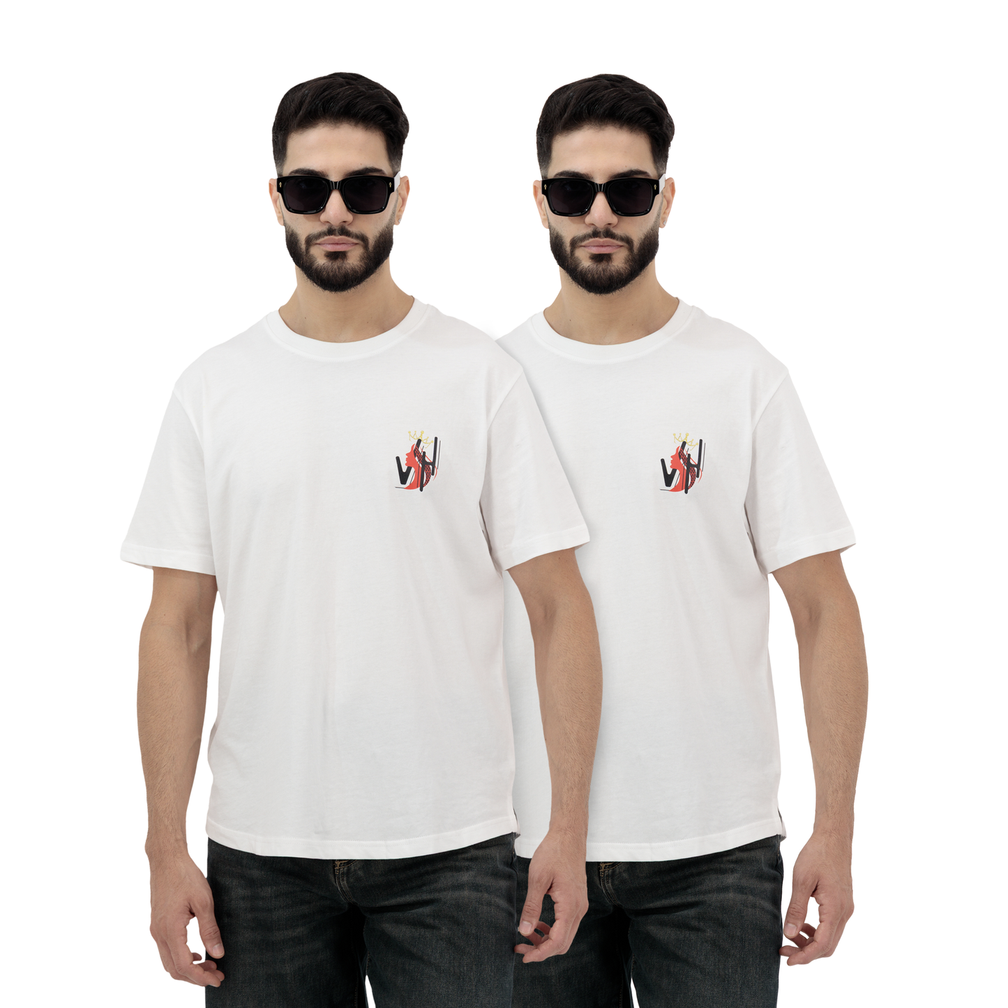 Pack of two men’s white short-sleeve graphic t-shirts in cotton crewneck style.
