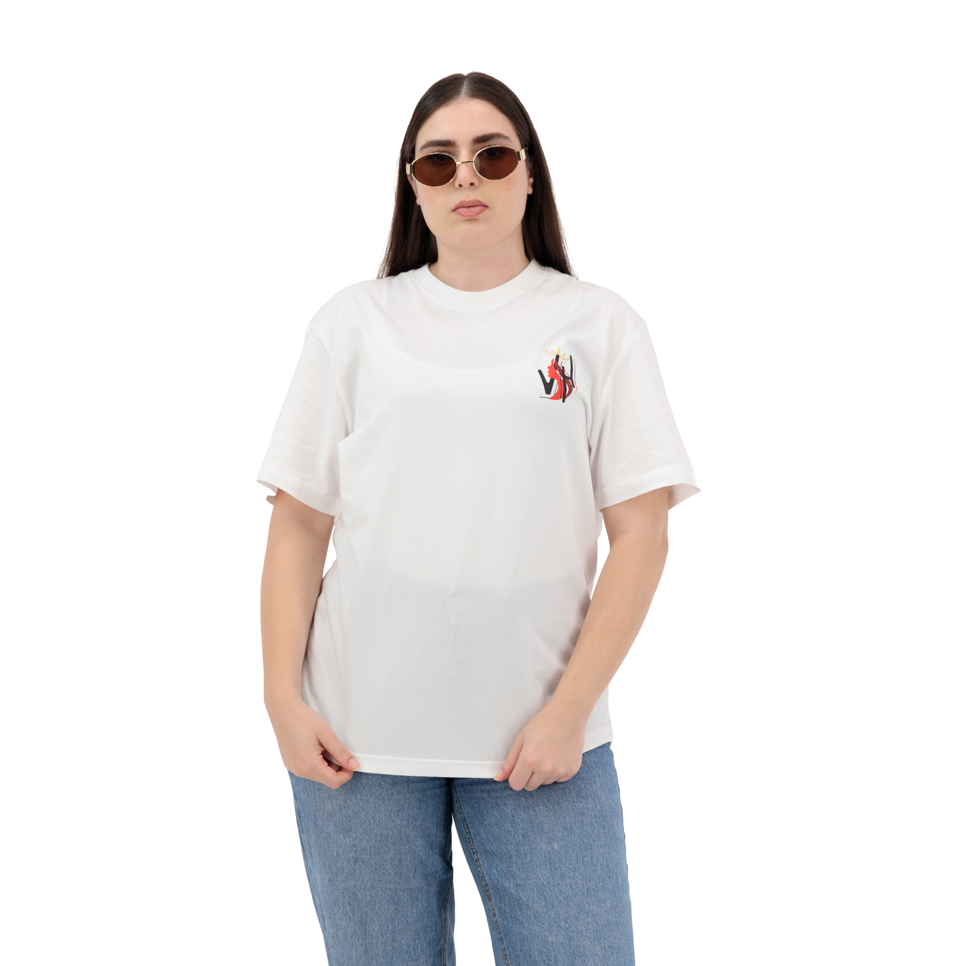 Fashionable oversized women’s white graphic tee shirt, cotton crew neck with half sleeves and front logo print.