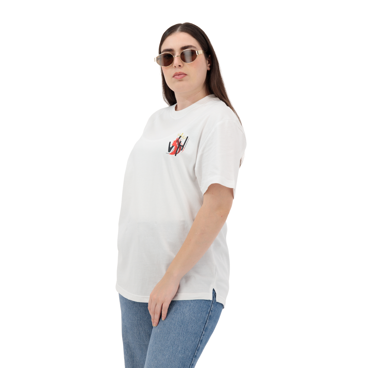 Trendy oversized white t shirt women’s style, soft cotton crew neck with half sleeves and double-sided logo print.