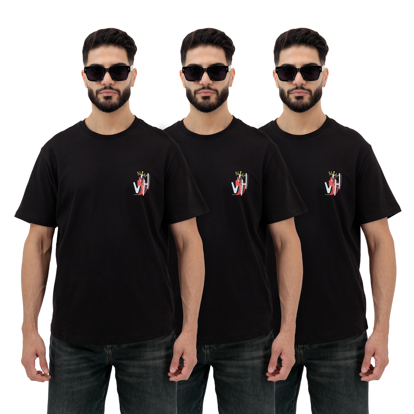 Set of 3 black men’s graphic t-shirts featuring bold large front prints