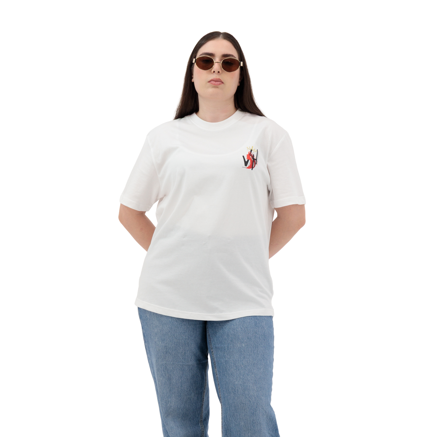 White oversized women’s cotton t-shirt with half sleeves, crew neck design, and bold front & back graphic logo print.