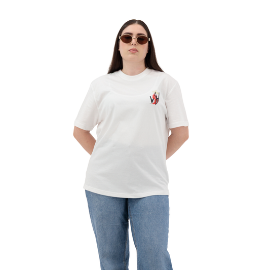 White oversized women’s cotton t-shirt with half sleeves, crew neck design, and bold front & back graphic logo print.