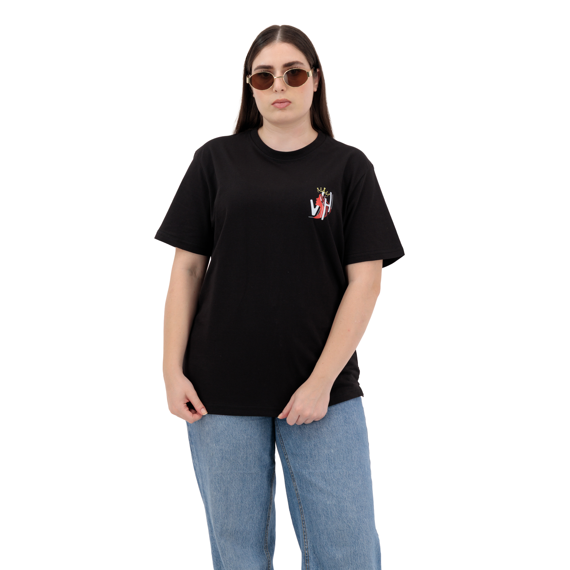 Stylish oversized black cotton women’s graphic tee shirt with half sleeves, crew neck, and unique front logo.
