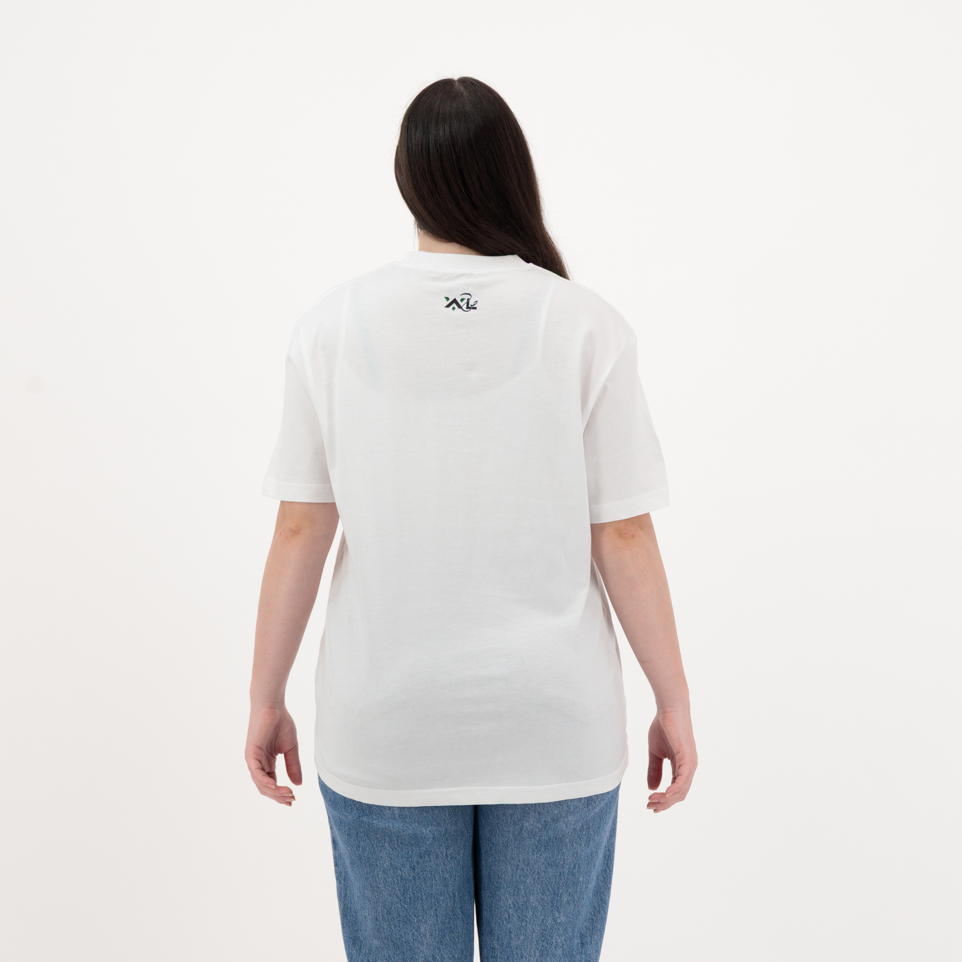 Relaxed fit women’s cotton t-shirt in oversized white style, half sleeve crew neck with unique graphic logo on the back side.