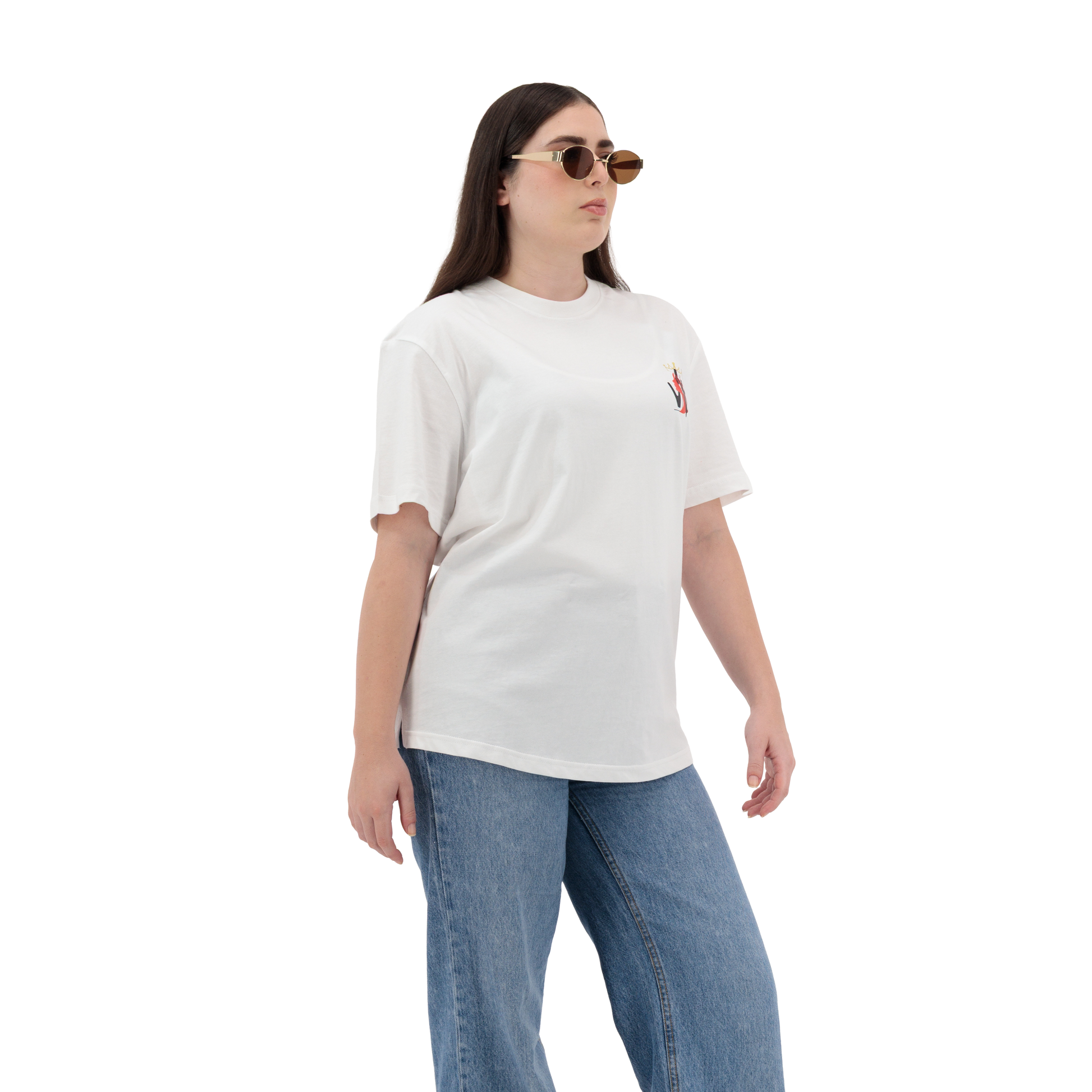 Women’s graphic tee shirt in oversized white cotton, half sleeve crew neck style with stylish logo design front and back.